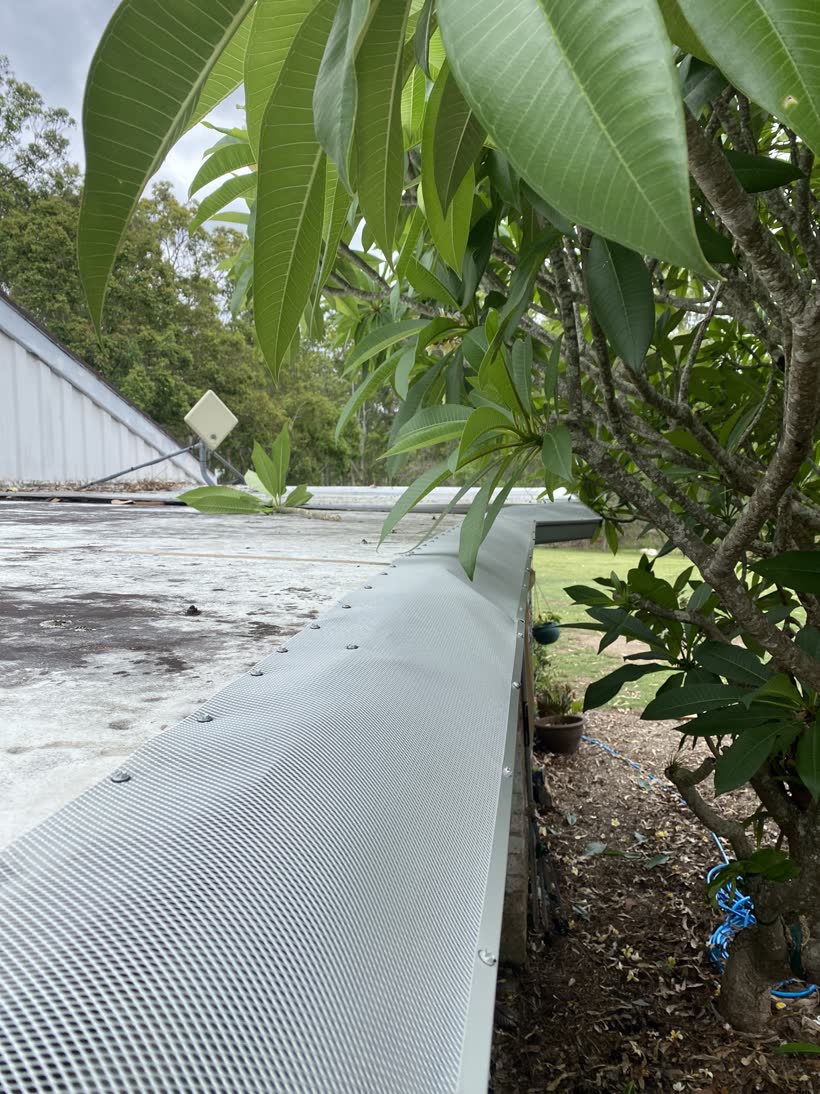 Gutter guard mesh fitted along a roofline